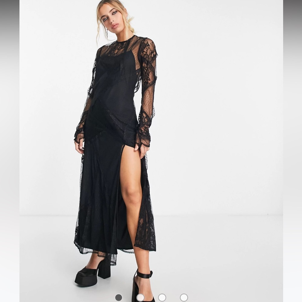 lace maxi dress with open back and split in black
